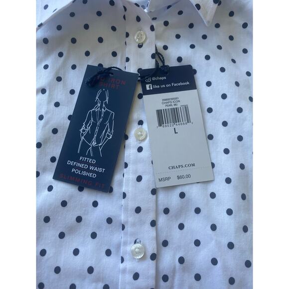 NWT FLAWS CHAPS No Iron Shirt Easy Care Slimming Fit Long Sleeve Polkadot Large - Picture 2 of 9